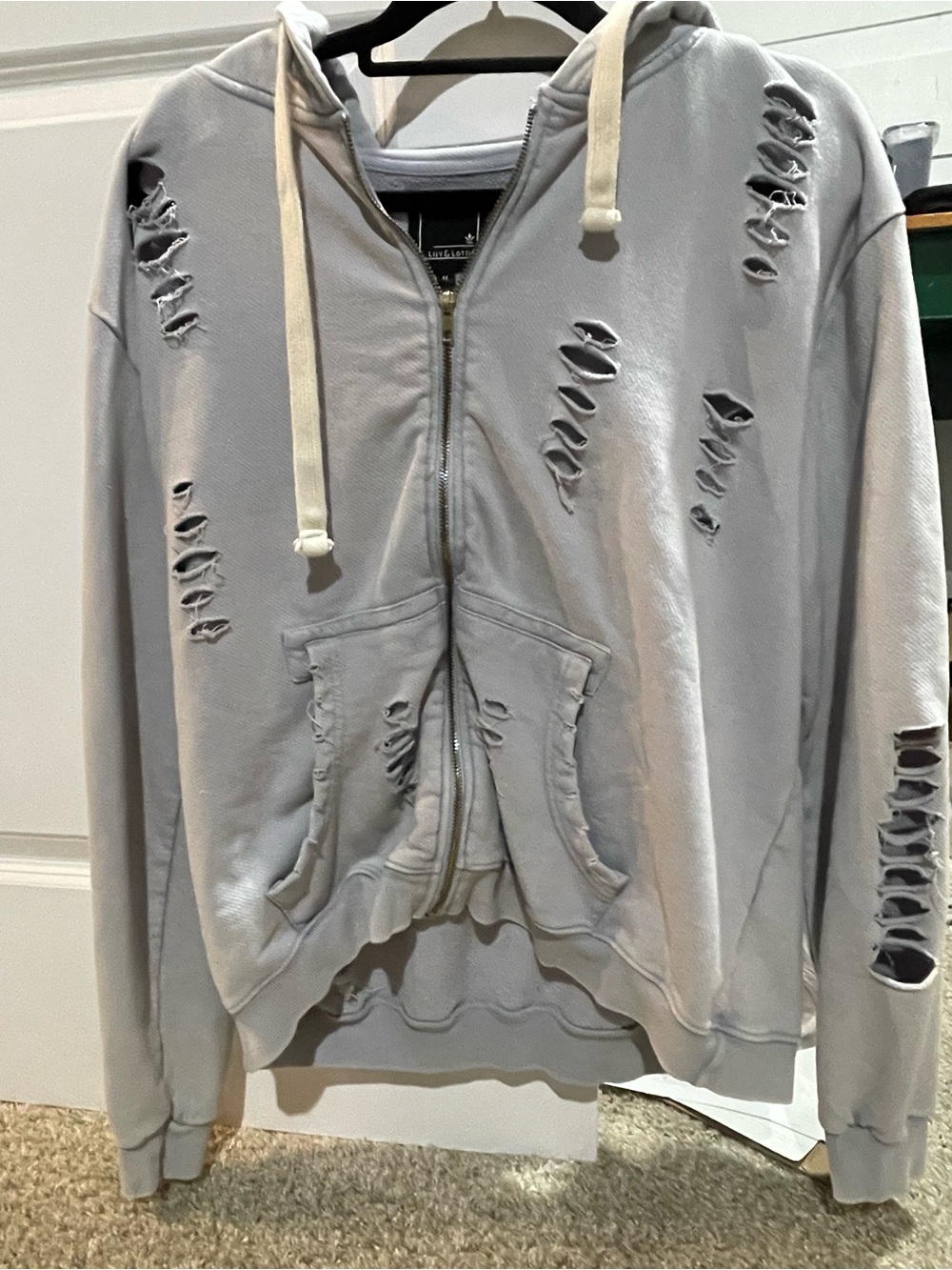 Distressed Light Gray Zip-Up Hoodie Jacket
